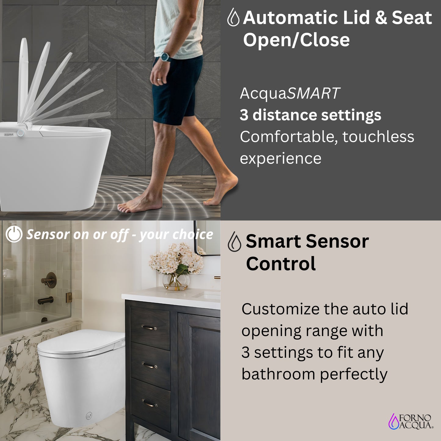 FORNO ACQUA Luxurious Smart Toilet. Includes Auto Flush, Auto Lid, Powerful Flush, sleek tankless design Ideal for Powder Rooms.