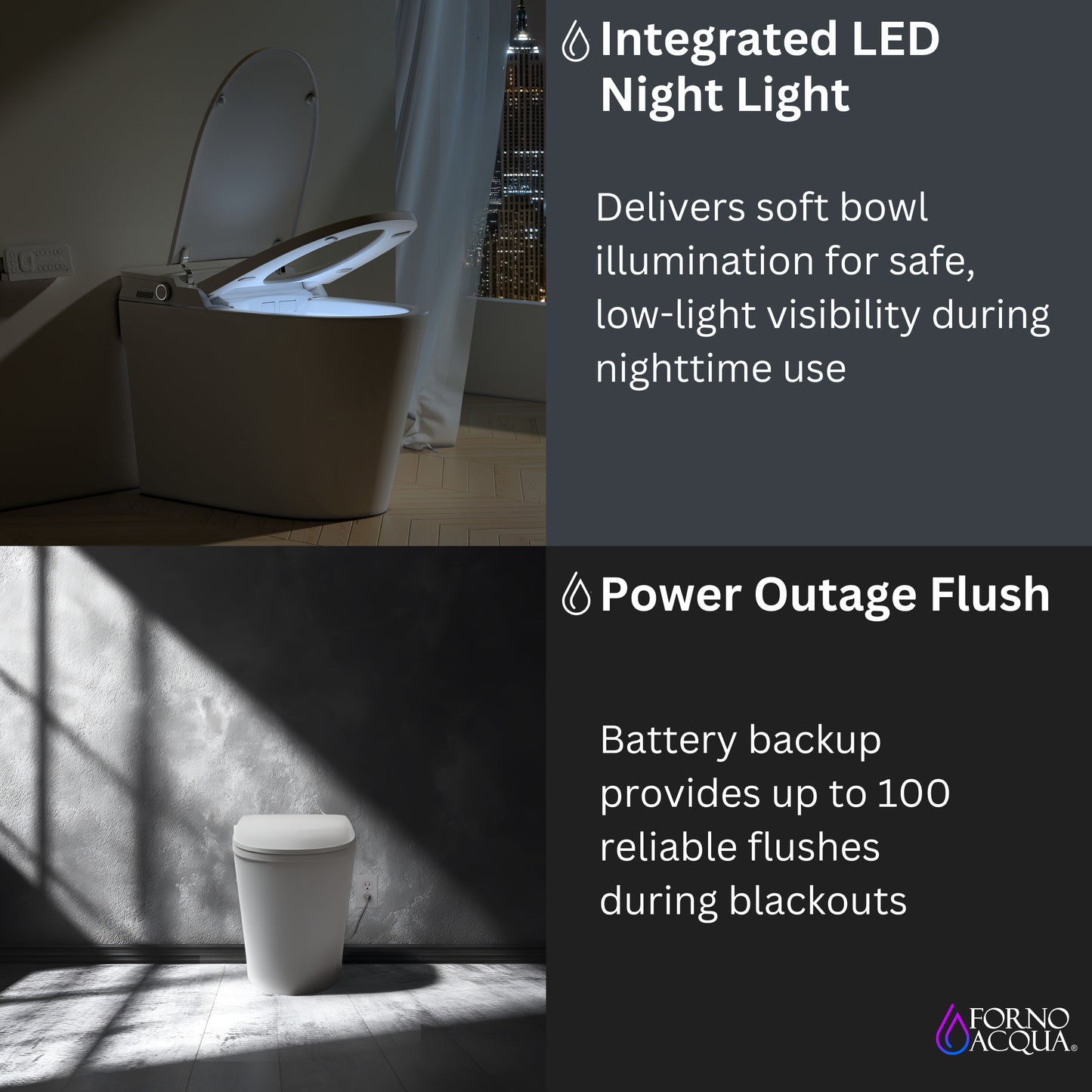 FORNO ACQUA Luxurious Smart Toilet. Includes Auto Flush, Auto Lid, Powerful Flush, sleek tankless design Ideal for Powder Rooms.