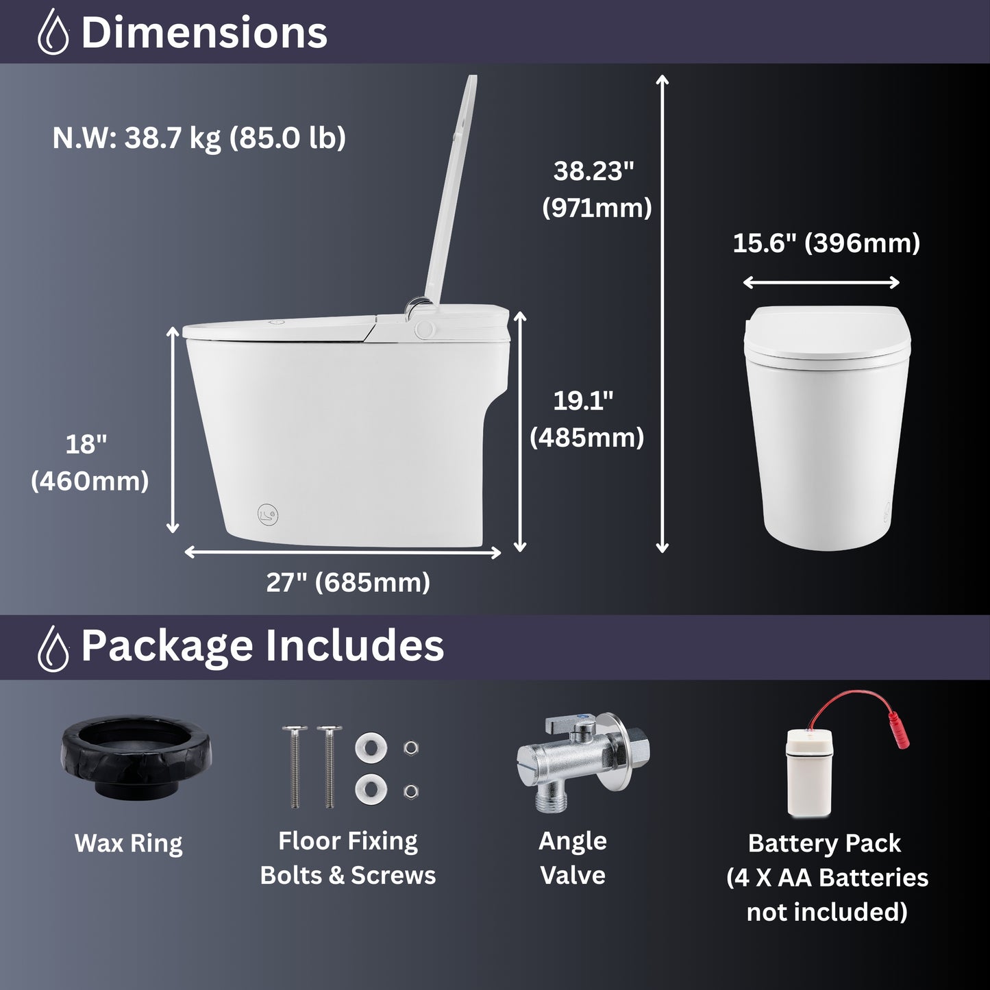 FORNO ACQUA Luxurious Smart Toilet. Includes Auto Flush, Powerful Flush, sleek tankless design Ideal for Powder Rooms.