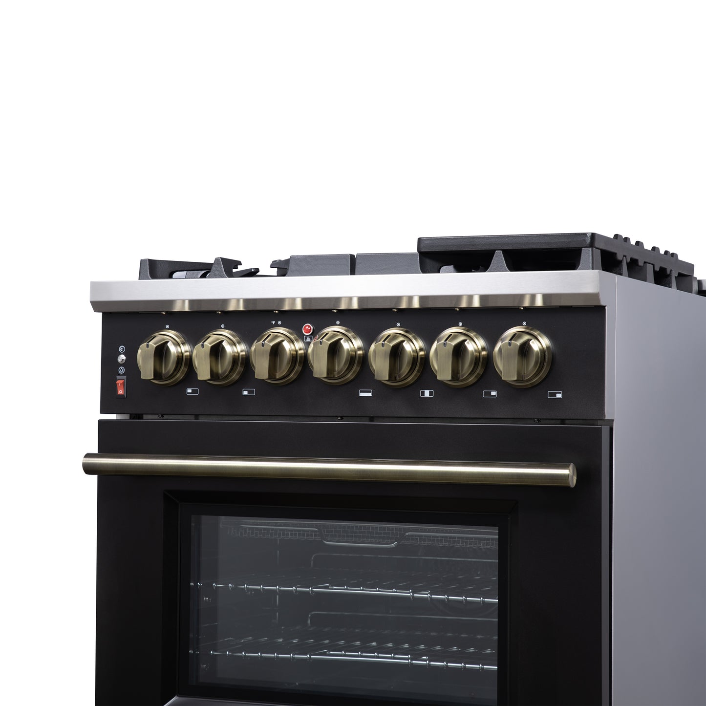 Forno Massimo 30 Inch Freestanding Dual Fuel Range in Black with Antique Brass Accessories, 4 Burners, 4.32 cu. ft. Convection Oven