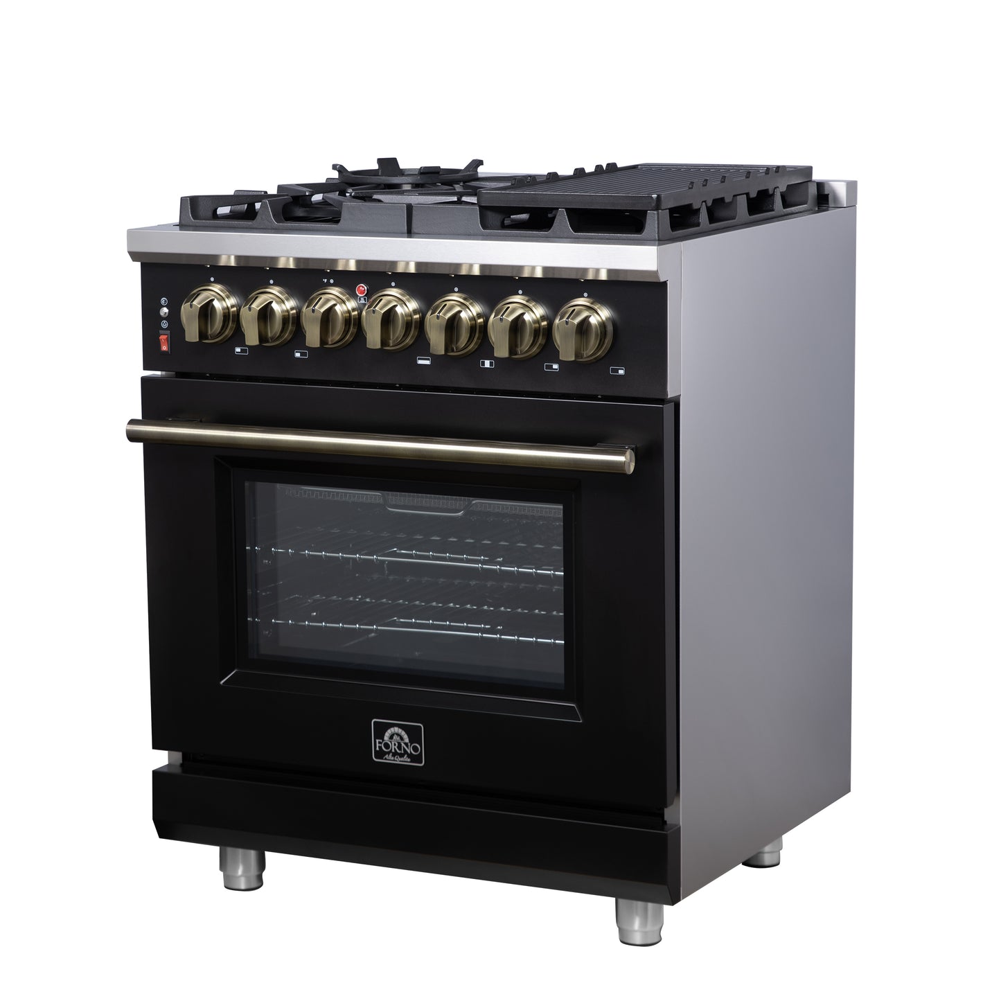 Forno Massimo 30 Inch Freestanding Dual Fuel Range in Black with Antique Brass Accessories, 4 Burners, 4.32 cu. ft. Convection Oven