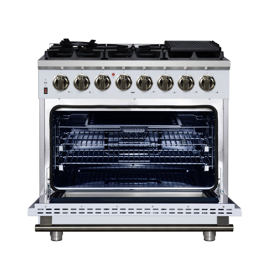 Forno Massimo 36 Inch Freestanding Dual Fuel Range in White with Antique Brass Accessories, 6 Burners, 5.36 cu. ft. Convection Oven