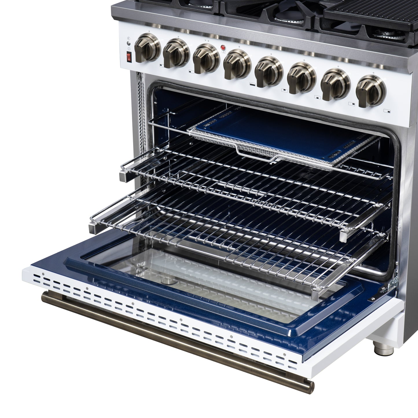 Forno Massimo 36 Inch Freestanding Dual Fuel Range in White with Antique Brass Accessories, 6 Burners, 5.36 cu. ft. Convection Oven