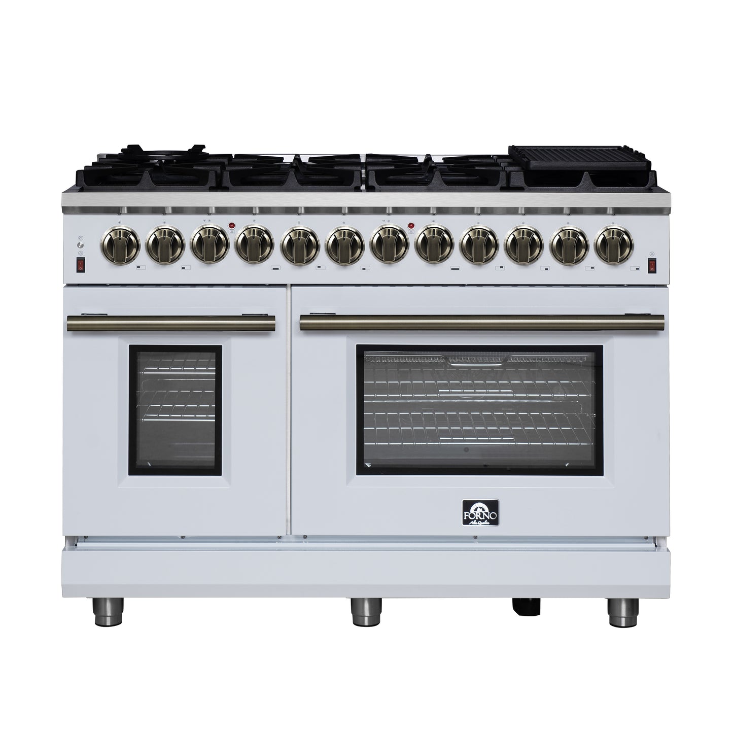 Forno Massimo 48 Inch Freestanding Dual Fuel Range in White with Antique Brass Accessories, 8 Burners, 6.58 cu. ft. Convection Oven