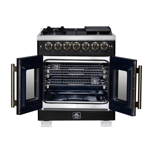 Forno Capriasca 30-Inch Freestanding French Door Dual Fuel Range in Black with Antique Brass Accessories, 5 Burners, True Convection Oven