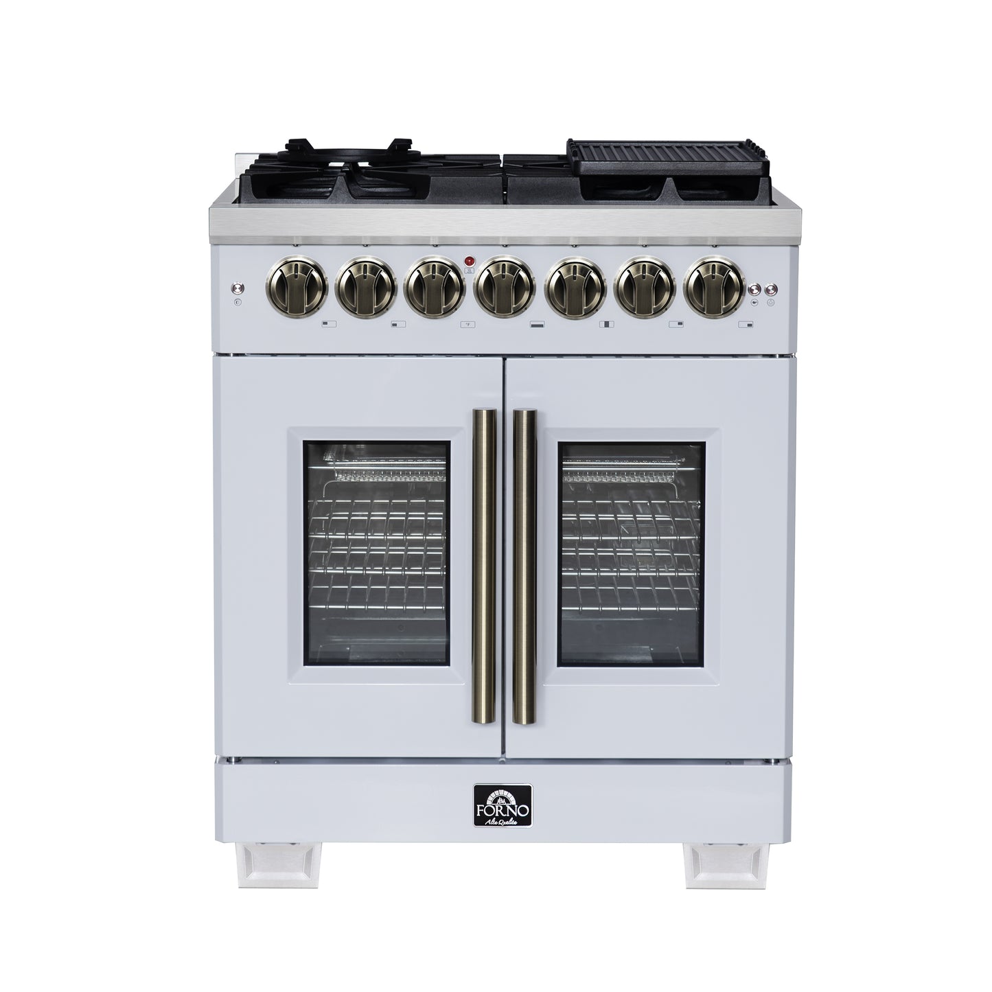 Forno Capriasca 30 Inch Freestanding French Door Dual Fuel Range in White with Antique Brass Accessories, 5 Burners, True Convection Oven