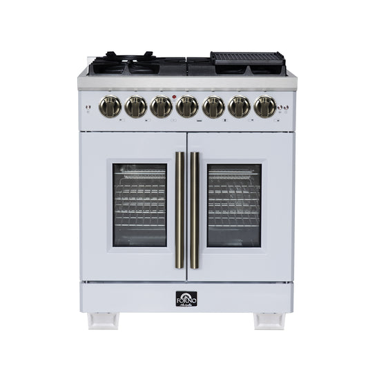 Forno Capriasca 30 Inch Freestanding French Door Dual Fuel Range in White with Antique Brass Accessories, 5 Burners, True Convection Oven