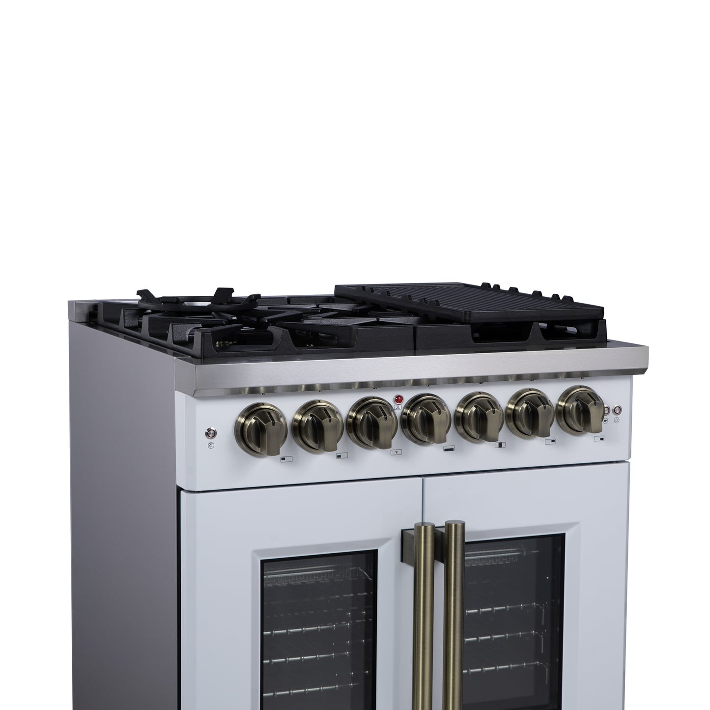 Forno Capriasca 30 Inch Freestanding French Door Dual Fuel Range in White with Antique Brass Accessories, 5 Burners, True Convection Oven