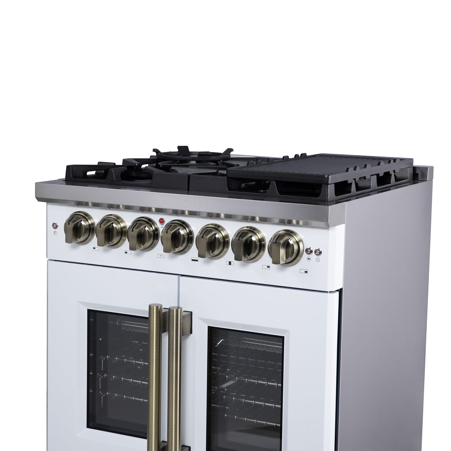 Forno Capriasca 30 Inch Freestanding French Door Dual Fuel Range in White with Antique Brass Accessories, 5 Burners, True Convection Oven