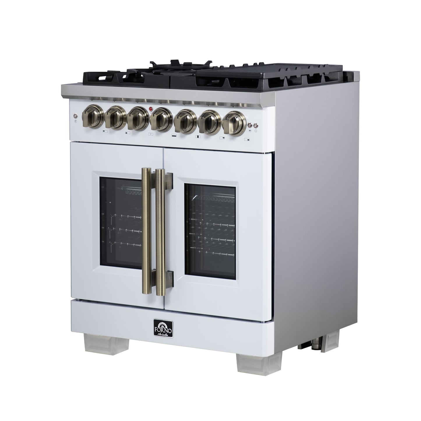Forno Capriasca 30 Inch Freestanding French Door Dual Fuel Range in White with Antique Brass Accessories, 5 Burners, True Convection Oven