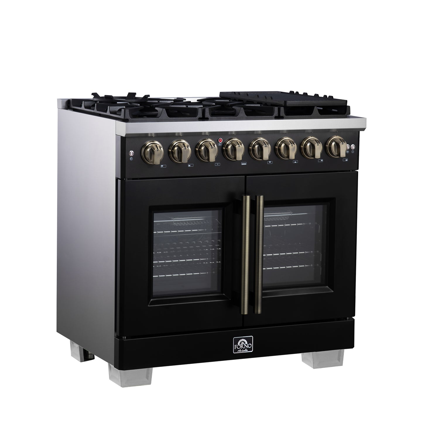 Forno Capriasca 36 Inch Freestanding French Door Dual Fuel Range in Black with Antique Brass Accessories, 6 Burners, True Convection Oven