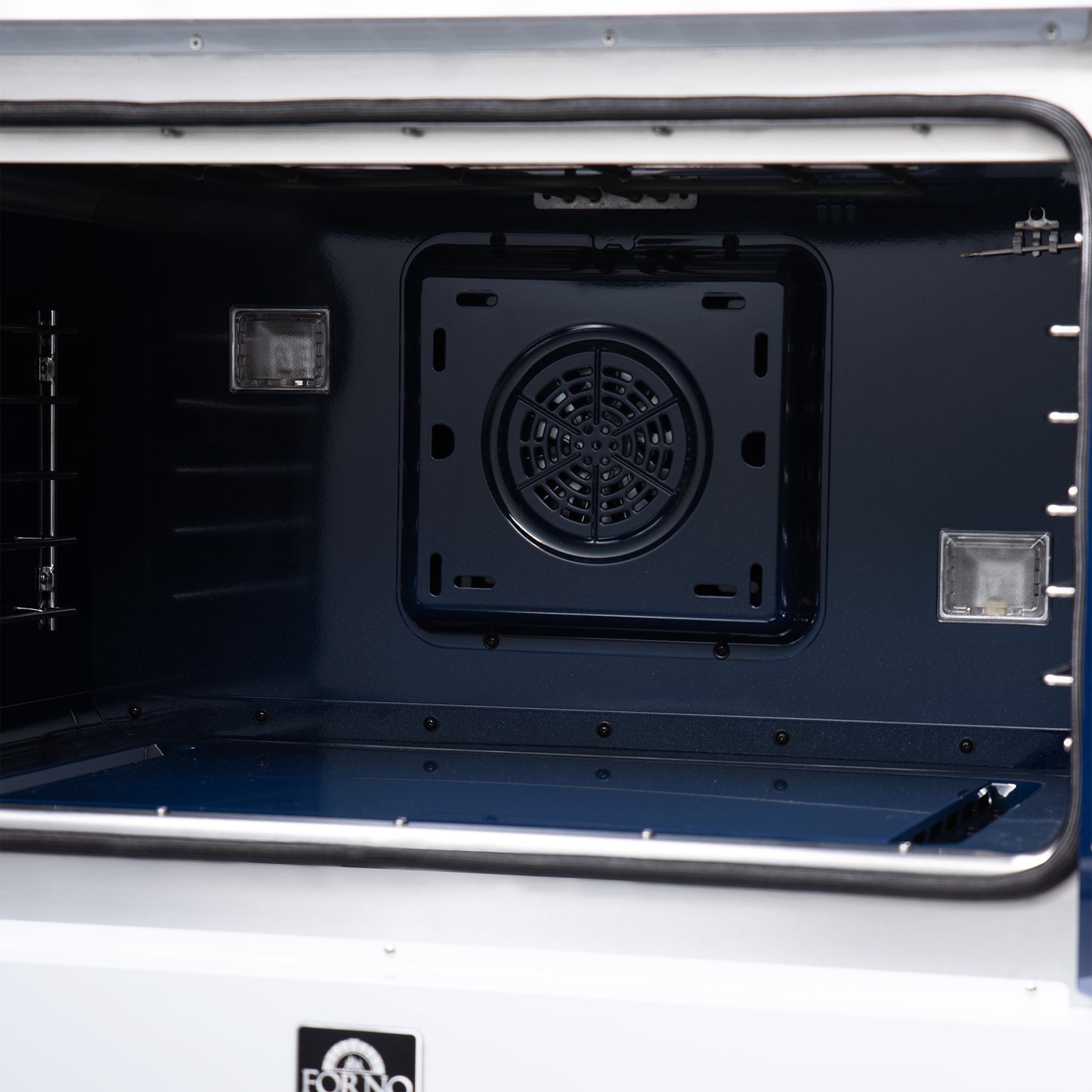 Forno Capriasca 36 Inch Freestanding French Door Dual Fuel Range in White with Antique Brass Accessories, 6 Burners, True Convection Oven