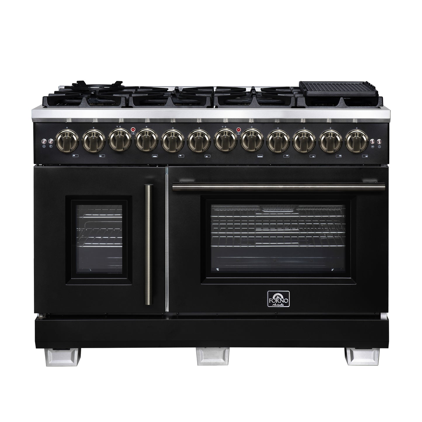 Forno Capriasca 48 Inch Freestanding French Door Dual Fuel Range in Black with Antique Brass Accessories, 8 Burners, True Convection Oven