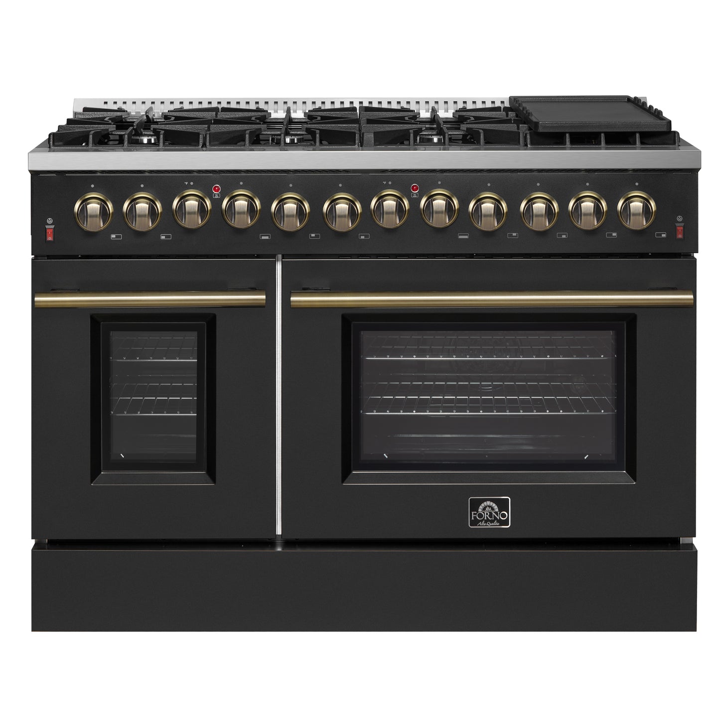 Galiano 48-inch Dual Fuel Range Black & Antique Brass Design with 8 Sealed Burners 107,000 BTU, 6.58 cu. ft. double ovens & Griddle