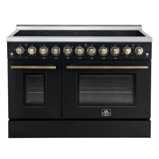 Forno Paolo 48 Inch Freestanding Electric Range in Black with Antique Brass, 6.7 cu.ft, True Convection Oven, Energy Efficient