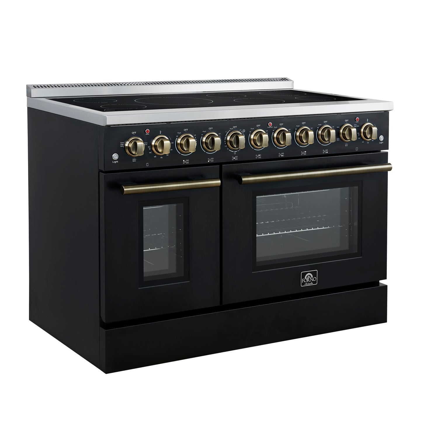 Forno Paolo 48 Inch Freestanding Electric Range in Black with Antique Brass, 6.7 cu.ft, True Convection Oven, Energy Efficient