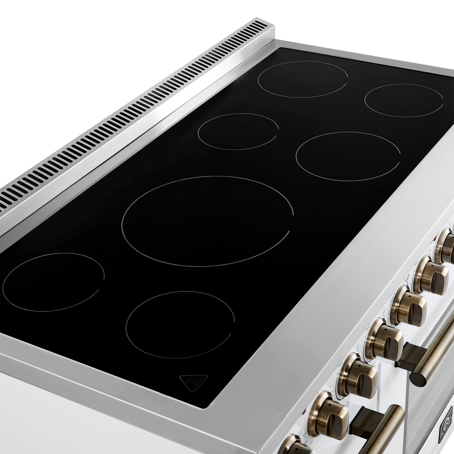 Forno Paolo 48 Inch Freestanding Electric Range in White with Antique Brass, 6.7 cu.ft, True Convection Oven, Energy Efficient