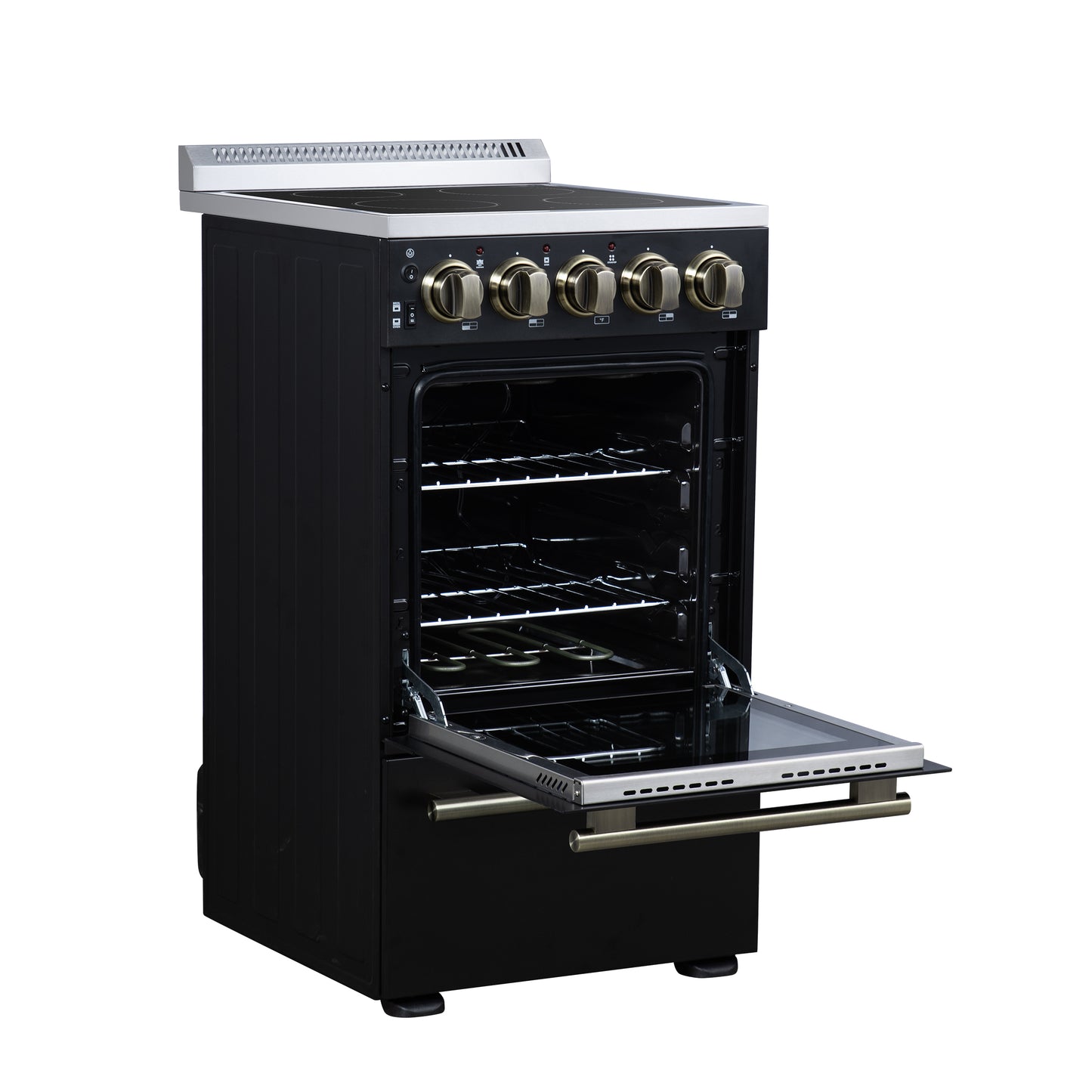 Forno Pallerano 20 Inch Freestanding Electric Range in Black with Antique Brass, Compact Design