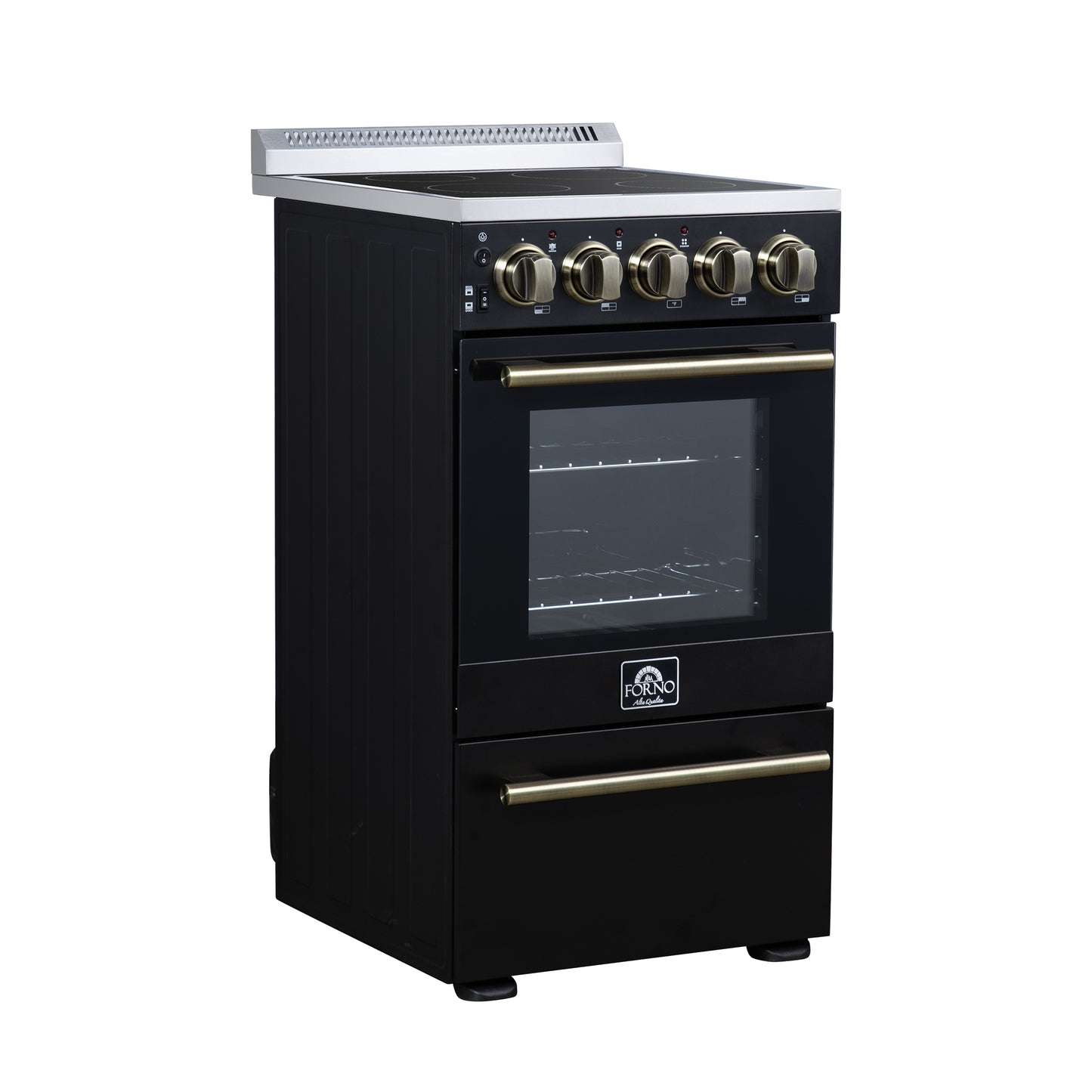 Forno Pallerano 20 Inch Freestanding Electric Range in Black with Antique Brass, Compact Design