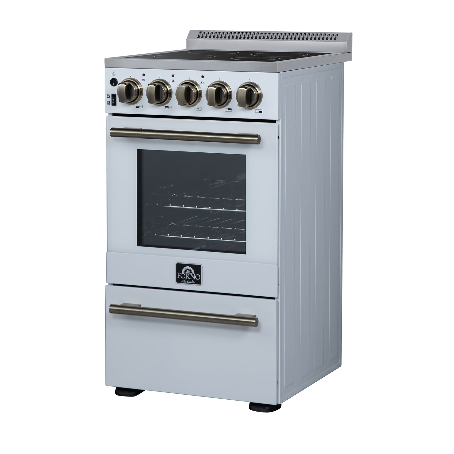 Forno Pallerano 20 Inch Freestanding Electric Range in White with Antique Brass, Compact Design