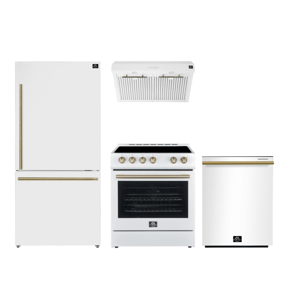 FORNO Premium 4-Piece Kitchen Bundle - Leonardo Espresso 30" White Range, 30" White Range Hood, 31" White Bottom Freezer Refrigerator, 24" White Built-In Dishwasher - FBDL-006-03CA