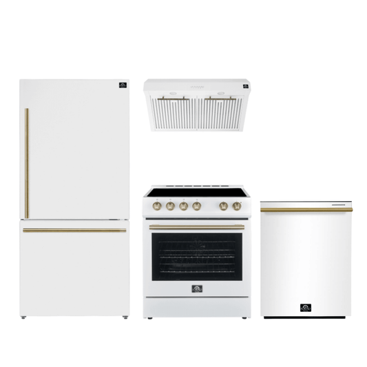 FORNO Premium 4-Piece Kitchen Bundle - Leonardo Espresso 30" White Range, 30" White Range Hood, 31" White Bottom Freezer Refrigerator, 24" White Built-In Dishwasher - FBDL-006-03CA