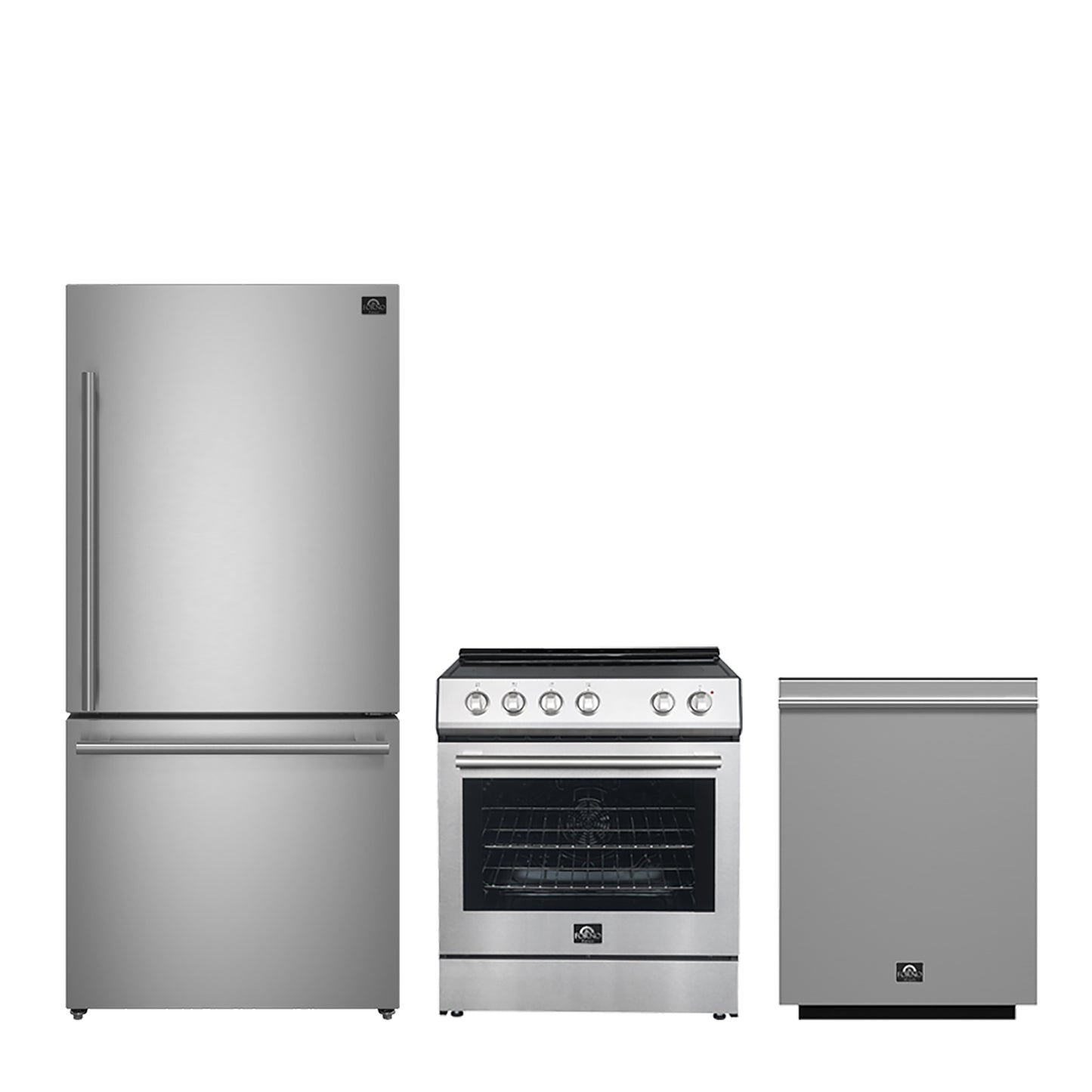 FORNO Premium 3-Piece Kitchen Bundle - Leonardo Espresso 30" Stainless Steel Range, 31" Stainless Steel Bottom Freezer Refrigerator, 24" Stainless Steel Dishwasher - FBDL-007-01US