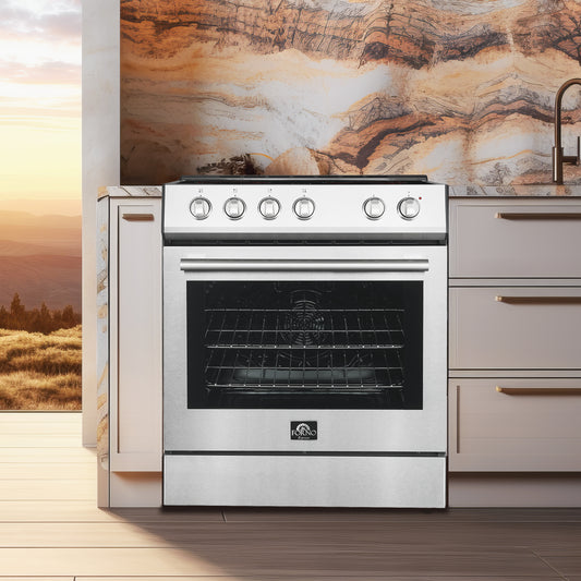 FORNO Premium 4-Piece Kitchen Bundle - Leonardo Espresso 30" Stainless Steel Range, 30" Stainless Steel Range Hood, 31" Stainless Steel Bottom Freezer Refrigerator, 24" Stainless Steel Dishwasher - FBDL-006-01US