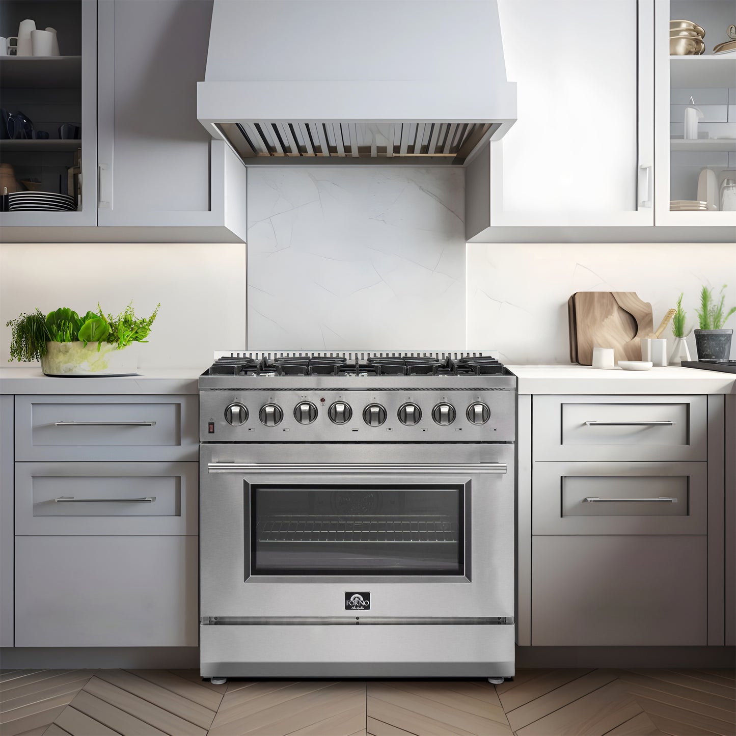 FORNO Premium 3-Piece Kitchen Bundle - 36" Gas Range, 36" French Door Refrigerator, 24" Built-In Dishwasher, Stainless Steel - FBDL-009-02CAUS
