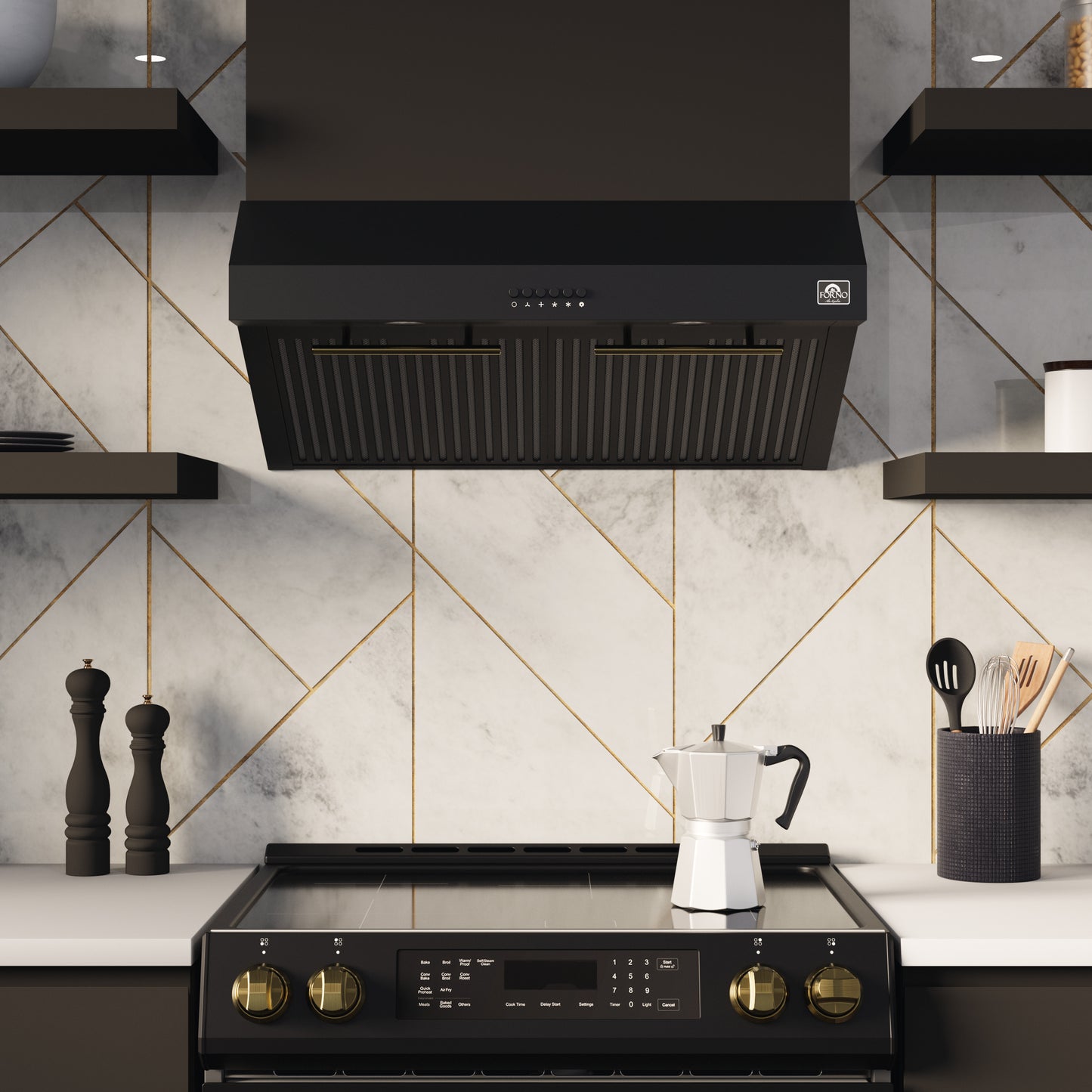 FORNO 5-Piece Black Stainless Steel Kitchen Bundle – Home Depot Exclusive – 30” Electric Range, 30” French Door Refrigerator, 30” Range Hood, 24” Microwave Drawer, 24” Built-In Dishwasher | SKU: FBDL-THD-003BLK