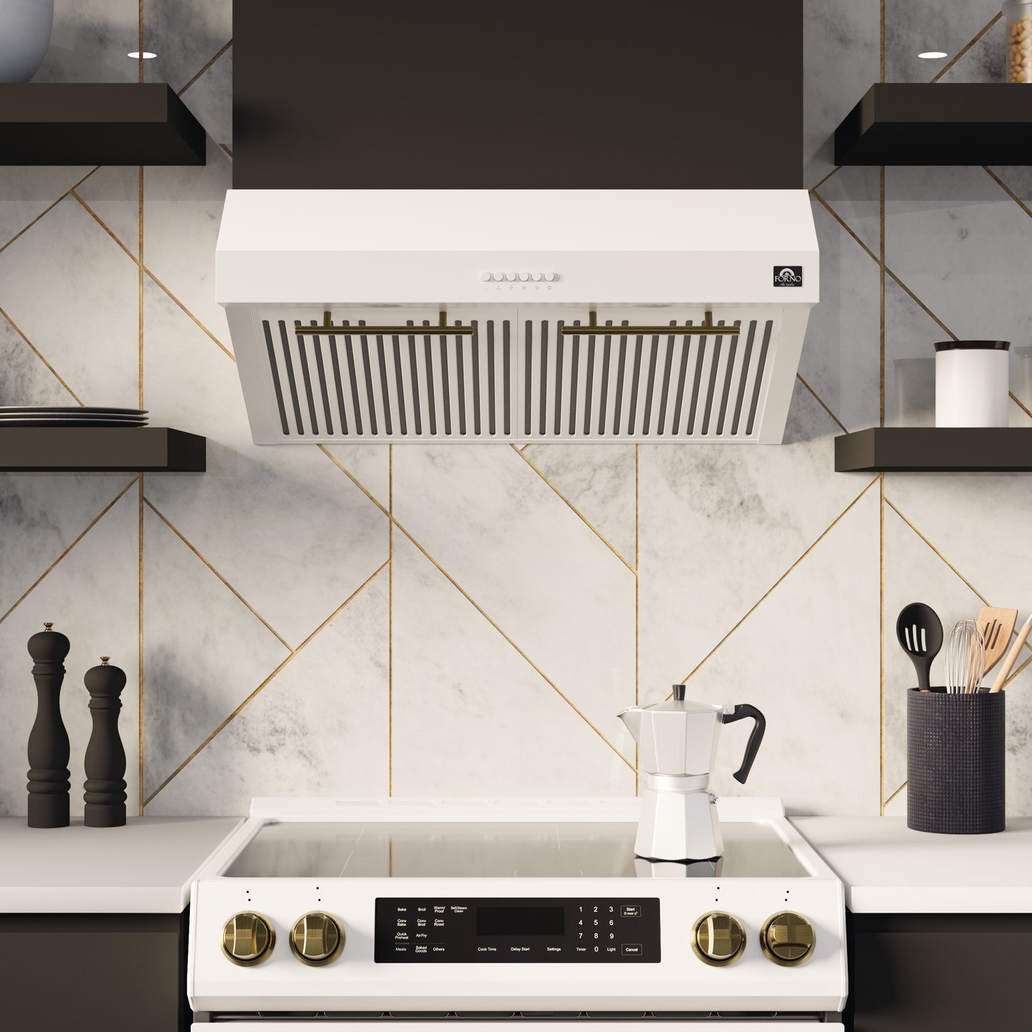 FORNO 5-Piece White Stainless Steel Kitchen Bundle – Home Depot Exclusive – 30” Electric Range, 30” French Door Refrigerator, 30” Range Hood, 24” Microwave Drawer, 24” Built-In Dishwasher | SKU: FBDL-THD-003WHT