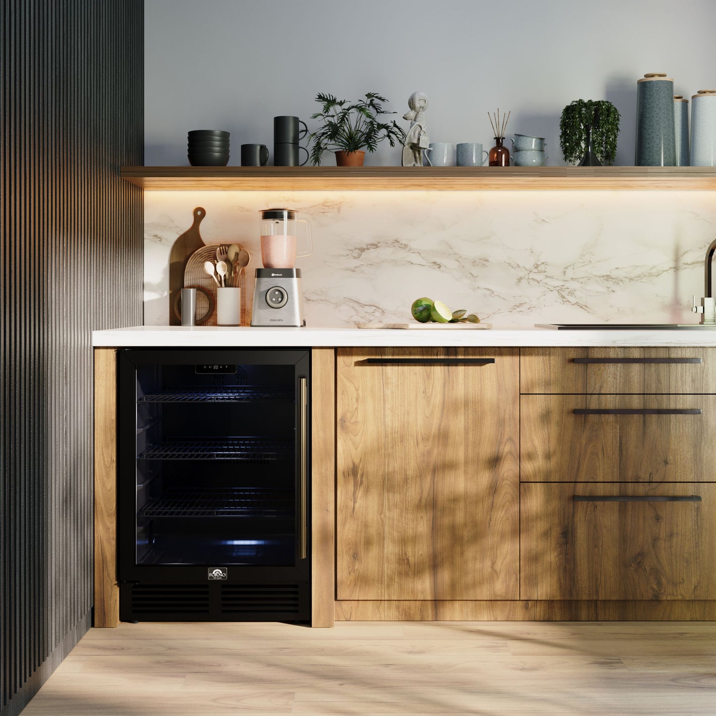 Forno Frescolino 24 Inch Beverage Cooler, Black with Antique Brass Handles, with LED Lighting, Triple Glass Door, 188 Can Capacity, Built-In or Freestanding