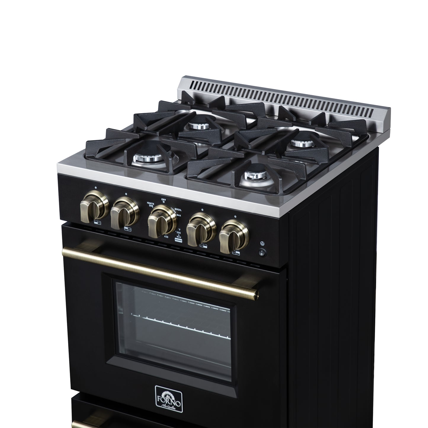 Forno Breno 24 Inch Freestanding Gas Range in Black with Antique Brass, Compact Design