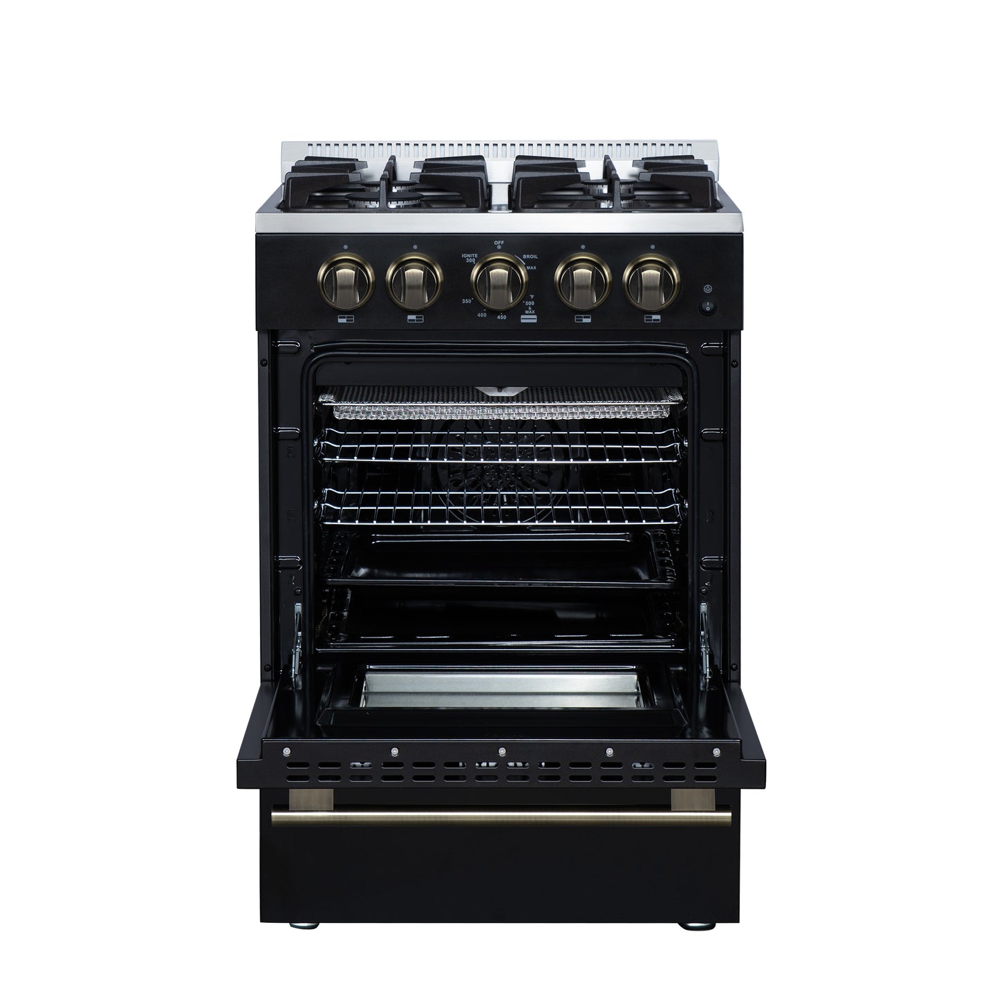 Forno Breno 24 Inch Freestanding Gas Range in Black with Antique Brass, Compact Design