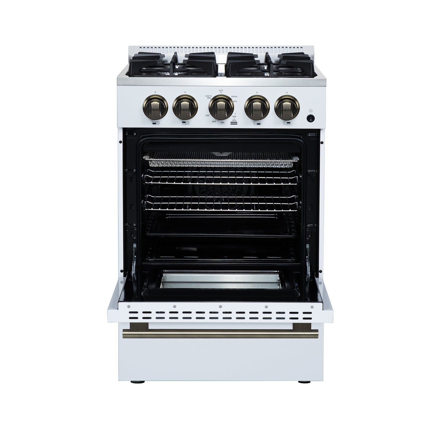 Forno Breno 24 Inch Freestanding Gas Range in White with Antique Brass, Compact Design