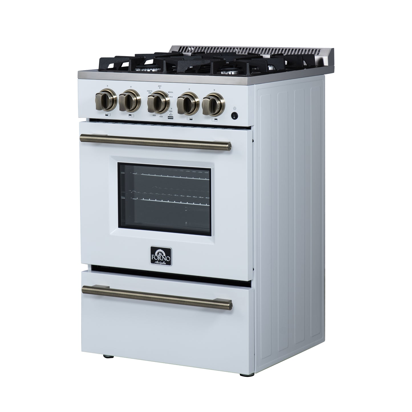Forno Breno 24 Inch Freestanding Gas Range in White with Antique Brass, Compact Design