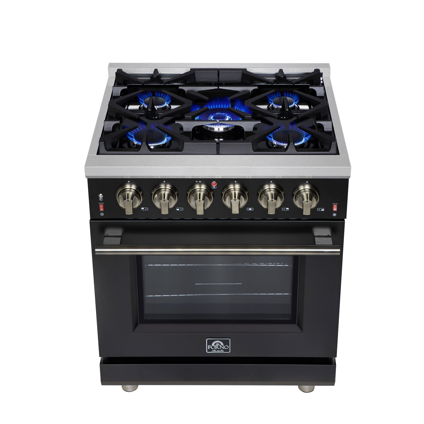 Forno Massimo 30-Inch Black Freestanding Gas Range, 4 Burners, True Convection Oven