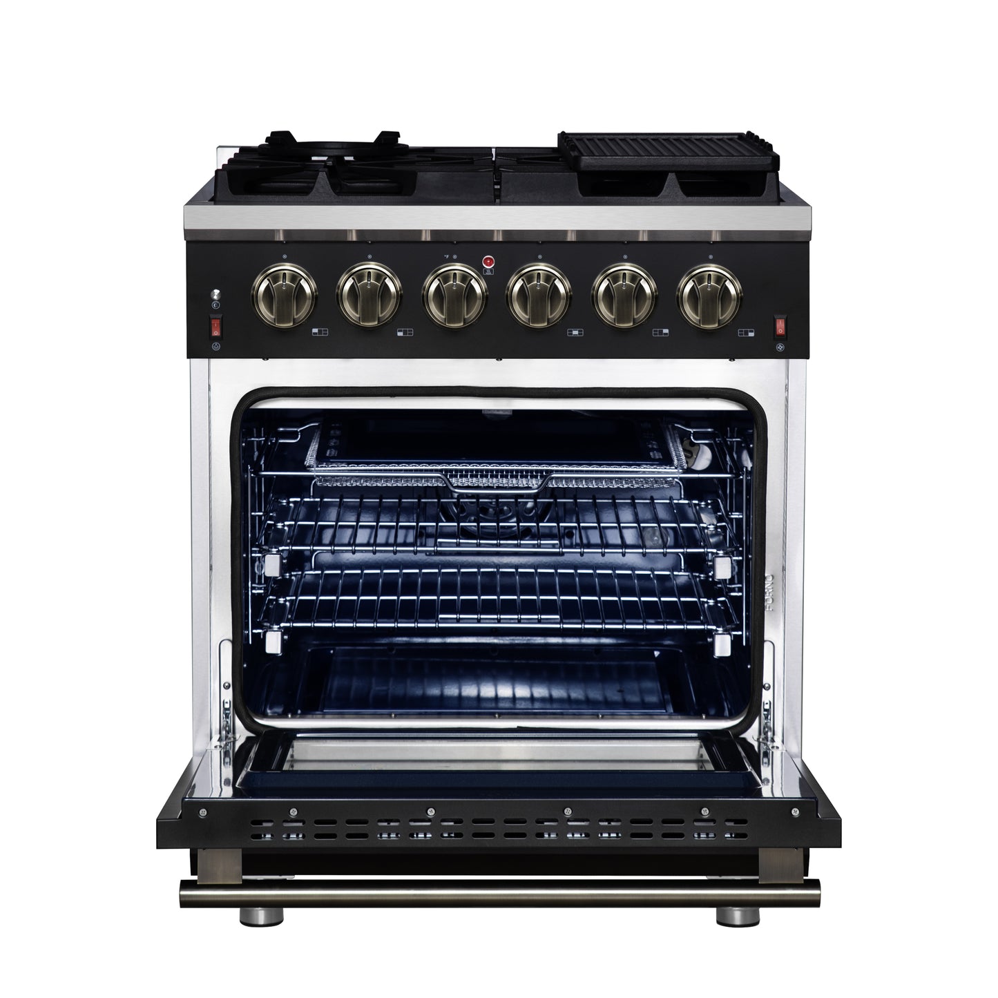 Forno Massimo 30-Inch Black Freestanding Gas Range, 4 Burners, True Convection Oven
