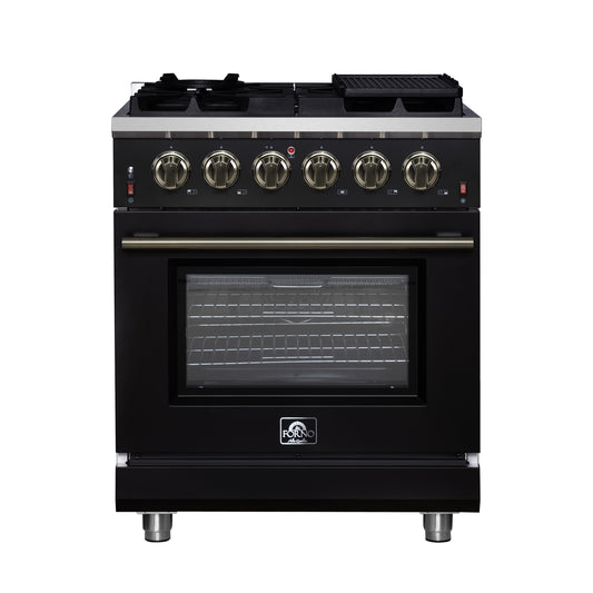 Forno Massimo 30-Inch Black Freestanding Gas Range, 4 Burners, True Convection Oven