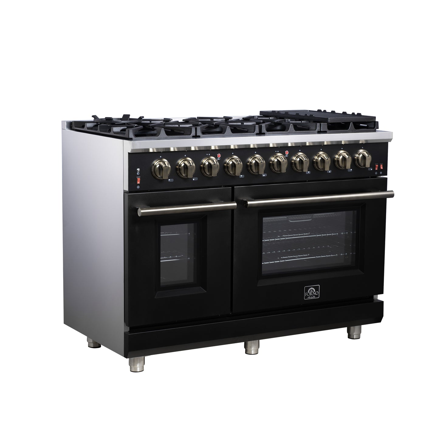 Forno Massimo 48-Inch Black Freestanding Gas Range, 8 Burners, True Convection Oven