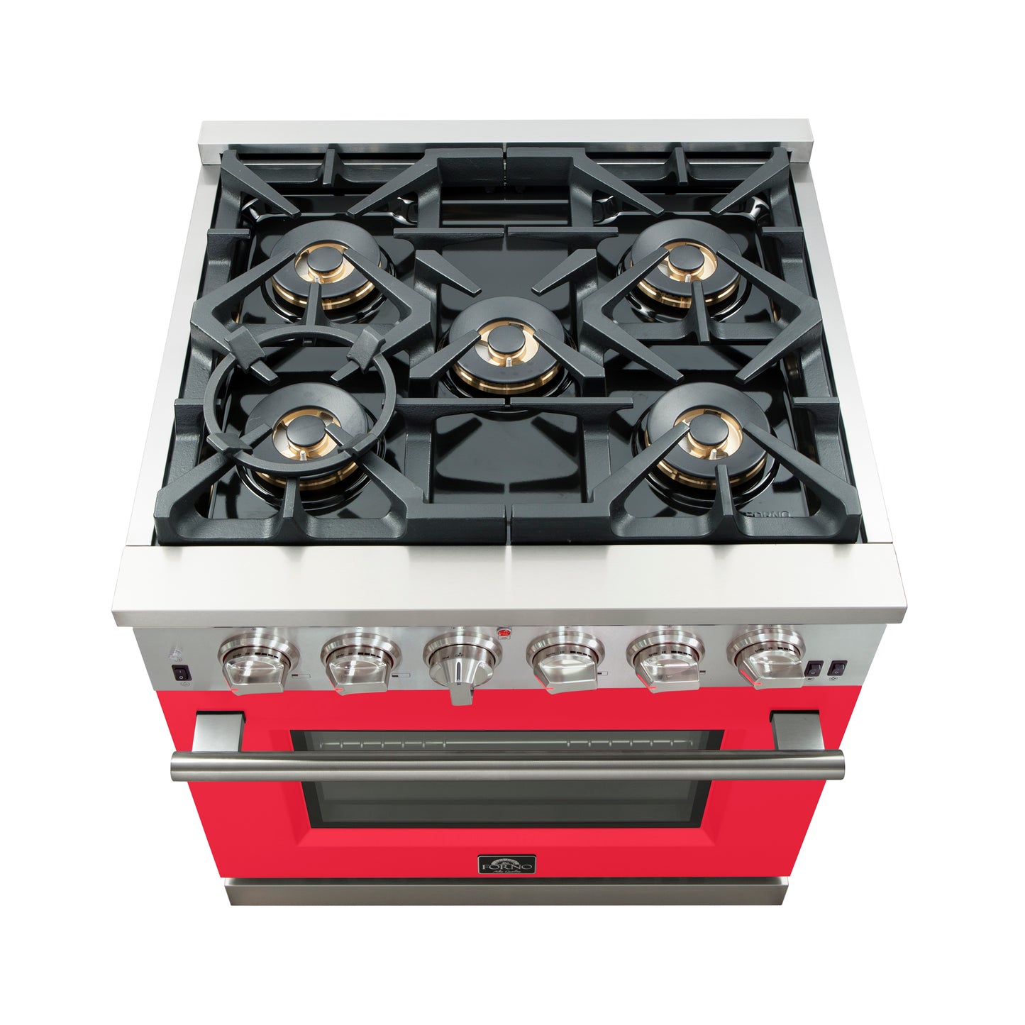 Forno Capriasca 30-Inch Freestanding Gas Range, 4 Burners, True Convection Oven, Red Door
