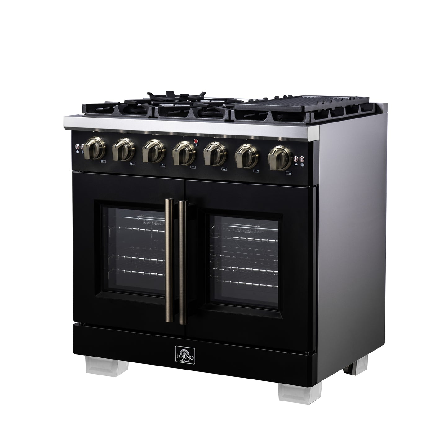Forno Capriasca 36-Inch Black Freestanding French Door Gas Range, 6 Burners, Convection Oven, Energy Efficient