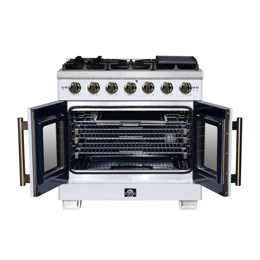Forno Capriasca 36-Inch White Freestanding French Door Gas Range, 6 Burners, Convection Oven, Energy Efficient