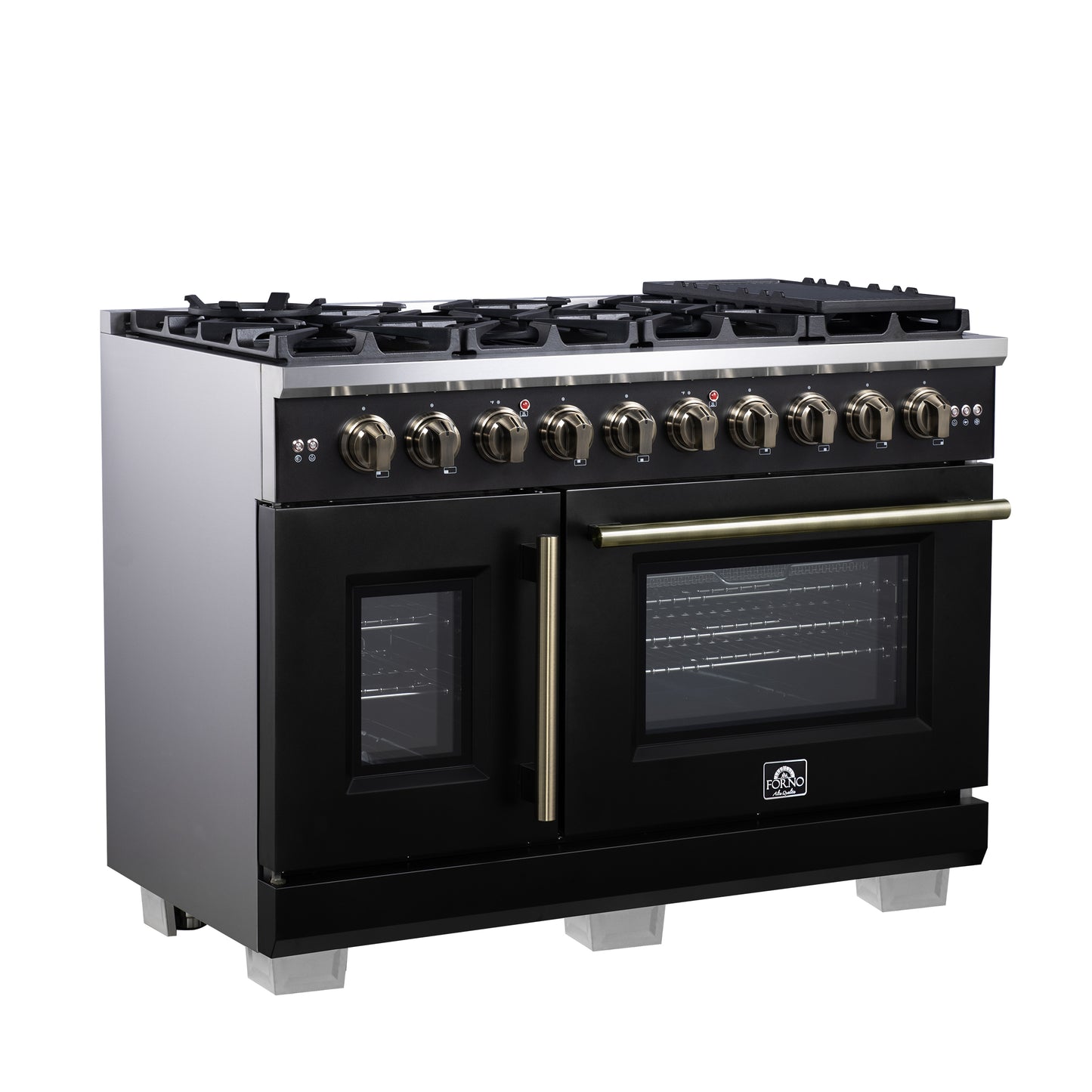 Forno Capriasca 48-Inch Black Freestanding French Door Gas Range, 8 Burners, Convection Oven, Energy Efficient