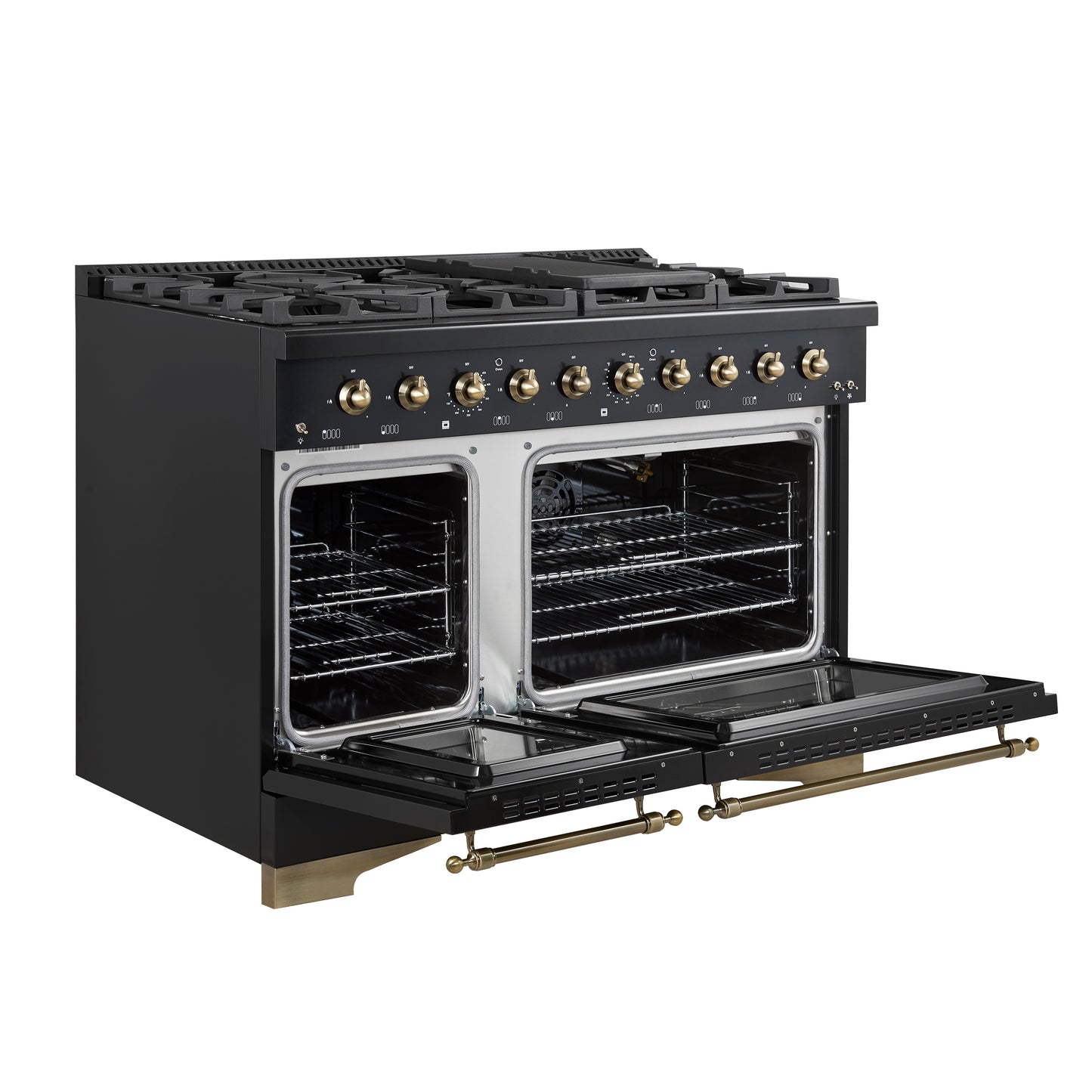 Forno Antico 48-Inch Freestanding Gas Range, Black, Antique Brass Design, 8 Burners, Griddle, Double Ovens, Energy Efficient