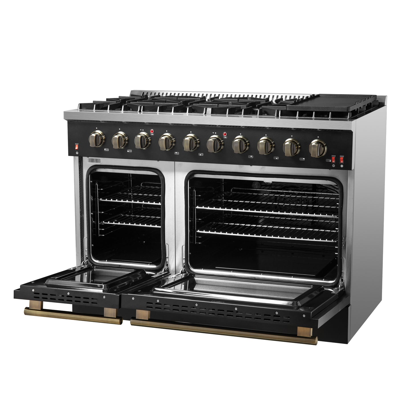FORNO Galiano 48-inch Gas Range Black & Antique Brass Design, 8 Burners, 107,000 BTU, Griddle, 6.58 cu.ft. Double Ovens