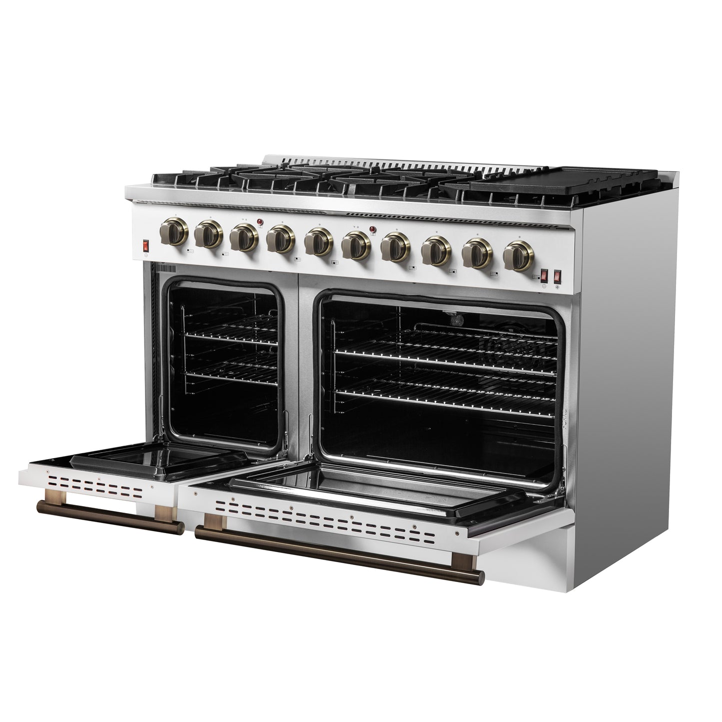 FORNO Galiano 48-inch Gas Range White & Antique Brass Design, 8 Burners, 107,000 BTU, Griddle, 6.58 cu.ft. Double Ovens