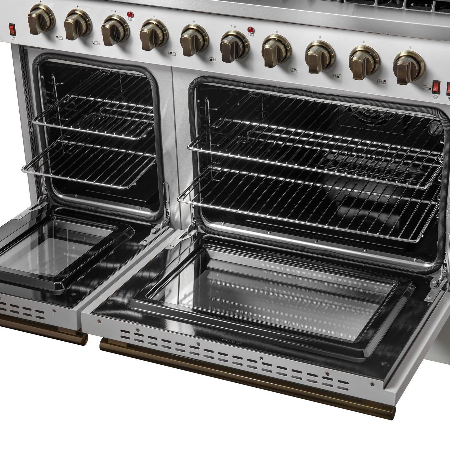 FORNO Galiano 48-inch Gas Range White & Antique Brass Design, 8 Burners, 107,000 BTU, Griddle, 6.58 cu.ft. Double Ovens