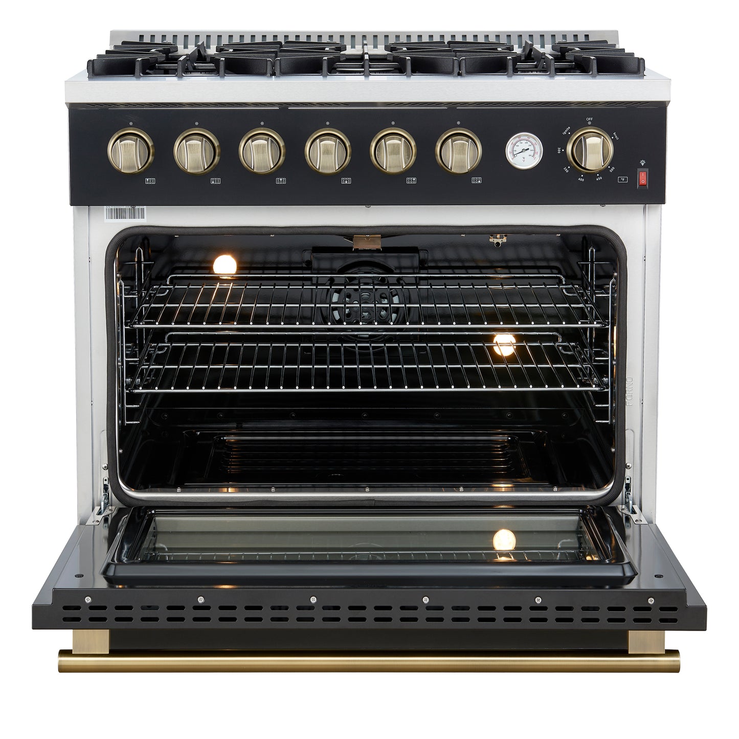 Marco 36-Inch Gas Range Black & Antique Brass Design, 6 Burners 67,000 BTU, 5.36 cu.ft. Convection Oven