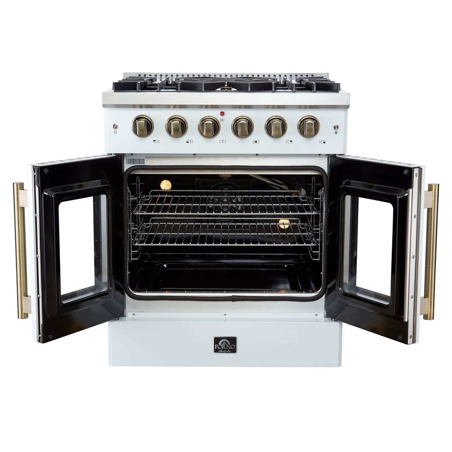 Forno Galiano 30-inch French Door Gas Range
White with Antique Brass Design, 5 Burners,
68,000 BTU, 4.32 cu.ft. Convection Oven